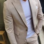 Aysoti Beige Slim Fit Pinstripe Two-Pieces Suit