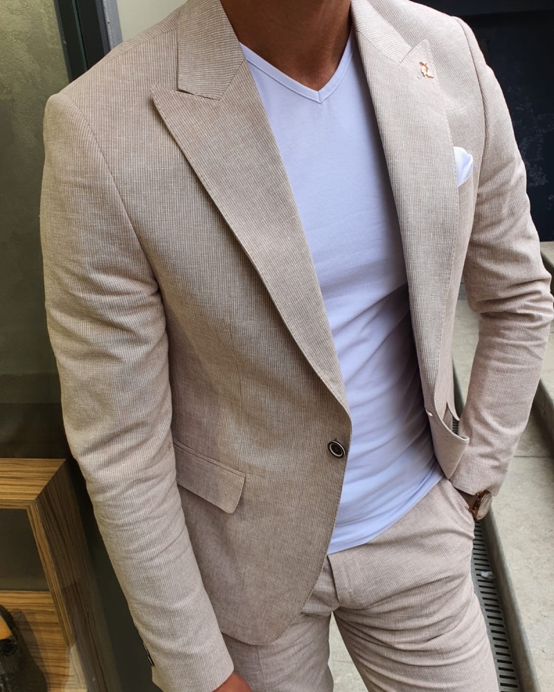 Aysoti Beige Slim Fit Pinstripe Two-Pieces Suit