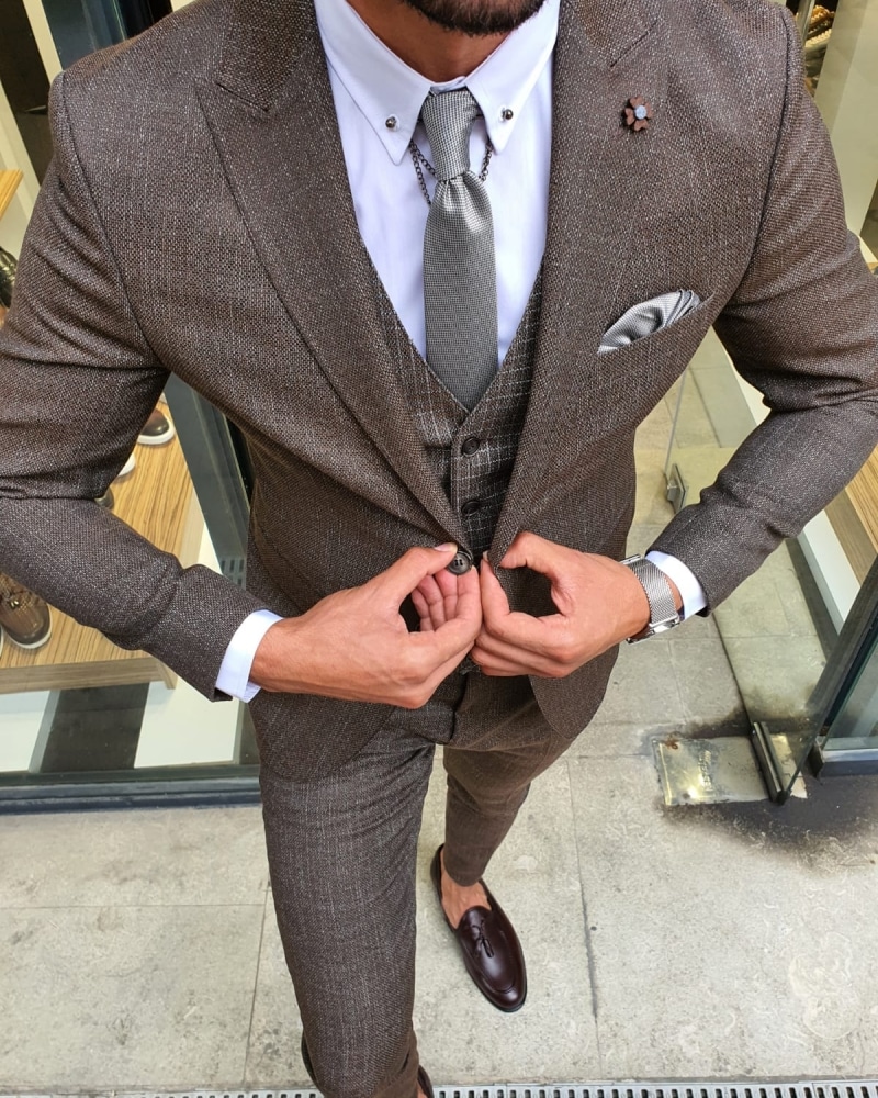 Aysoti Brown Slim Fit Patterned Suit