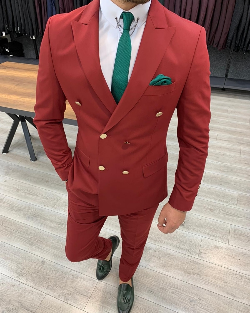 Aysoti Maroon Slim Fit Double Breasted Suit