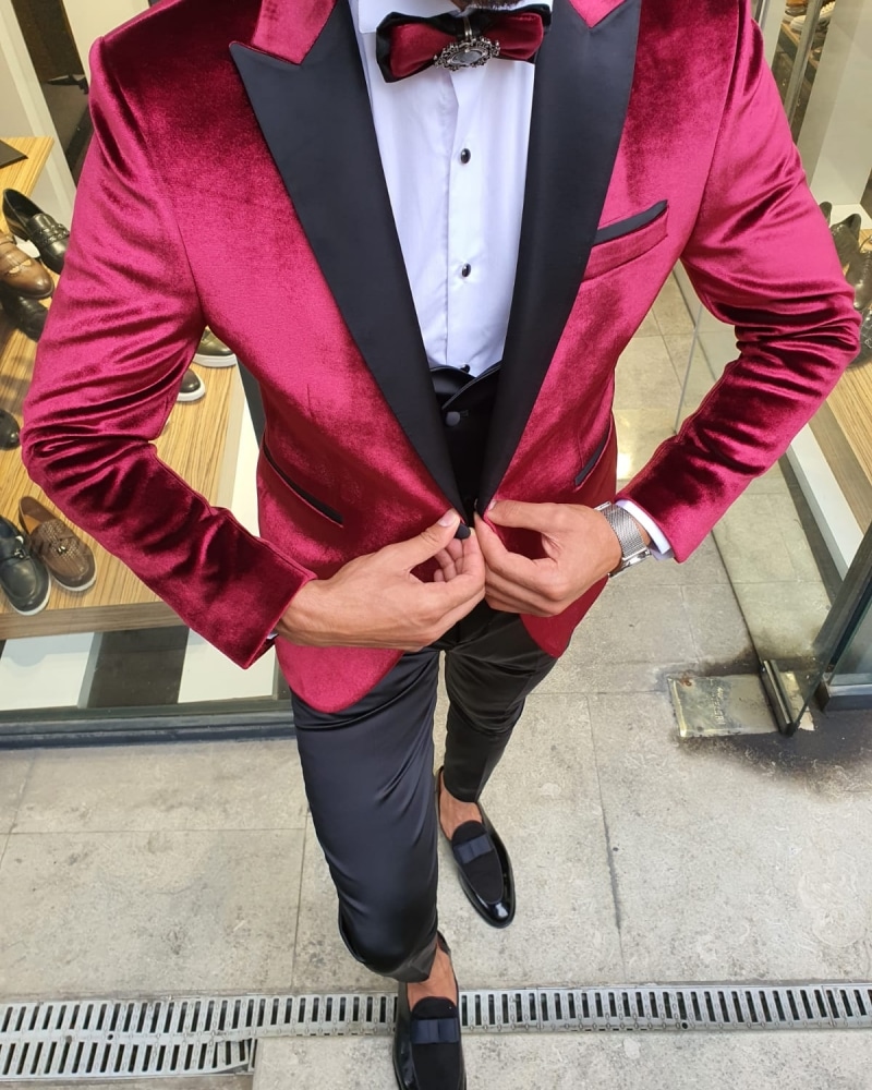 Aysoti Red Slim Fit Peak Lapel Velvet Tuxedo