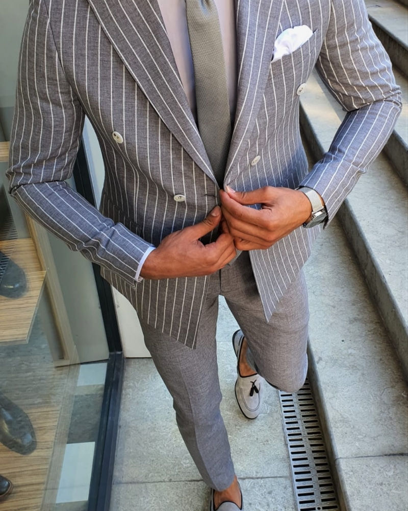 Aysoti White Slim Fit Pinstripe Double Breasted Suit