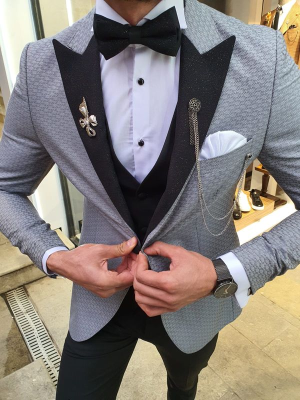 Aysoti Lacey Gray Slim Fit Patterned Tuxedo