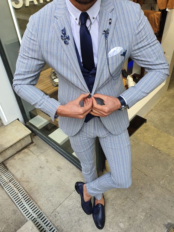 Aysoti Varada Gray Slim Fit Pinstripe Suit - Aysotiman