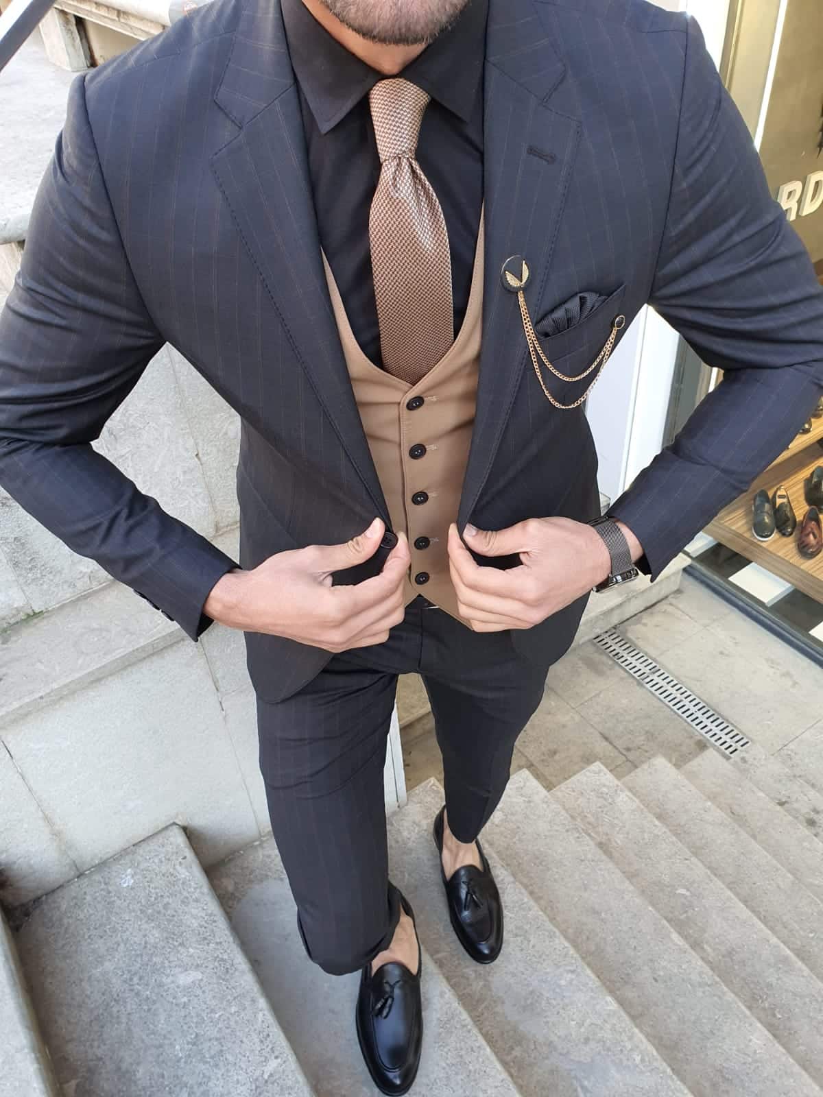 Aysoti Varada Black Camel Slim Fit Plaid Suit