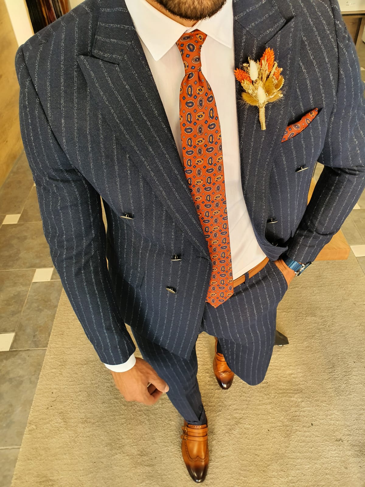 Aysoti Navy Blue Slim Fit Pinstripe Double Breasted Suit