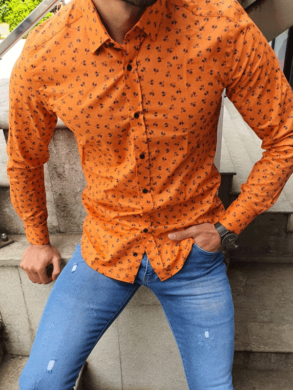 Aysoti Orange Slim Fit Striped Cotton Shirt