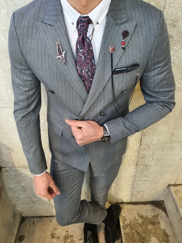 Aysoti Oland Gray Slim Fit Double Breasted Pinstripe Suit