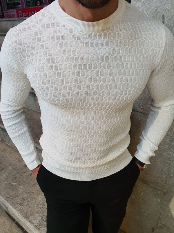 Aysoti White Slim Fit Crew Neck Sweater