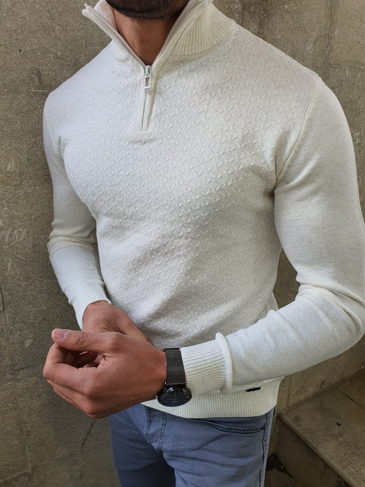 Aysoti White Slim Fit Zipper Mock Turtleneck Sweater