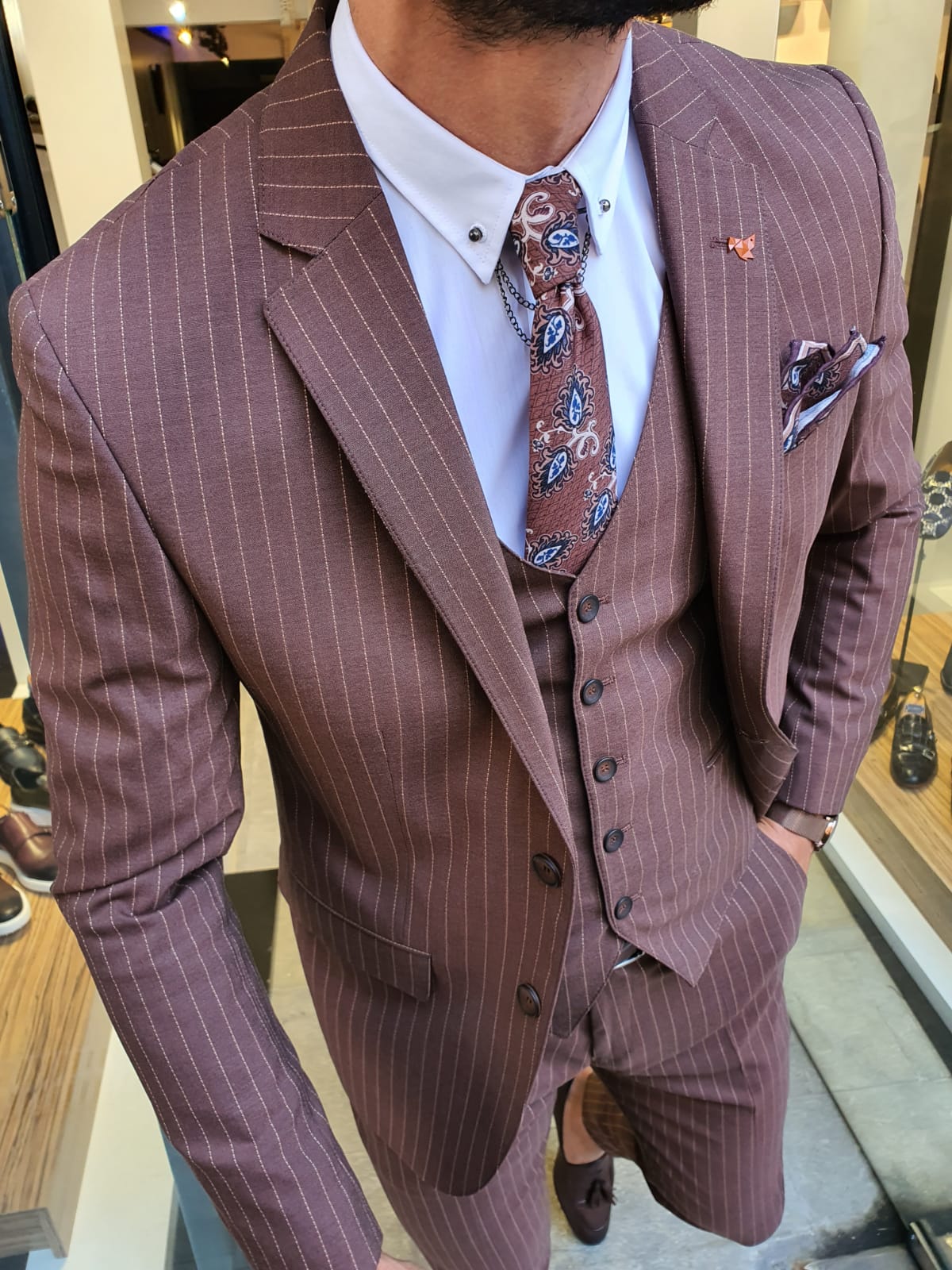 Aysoti Burgundy Slim Fit Pinstripe Suit