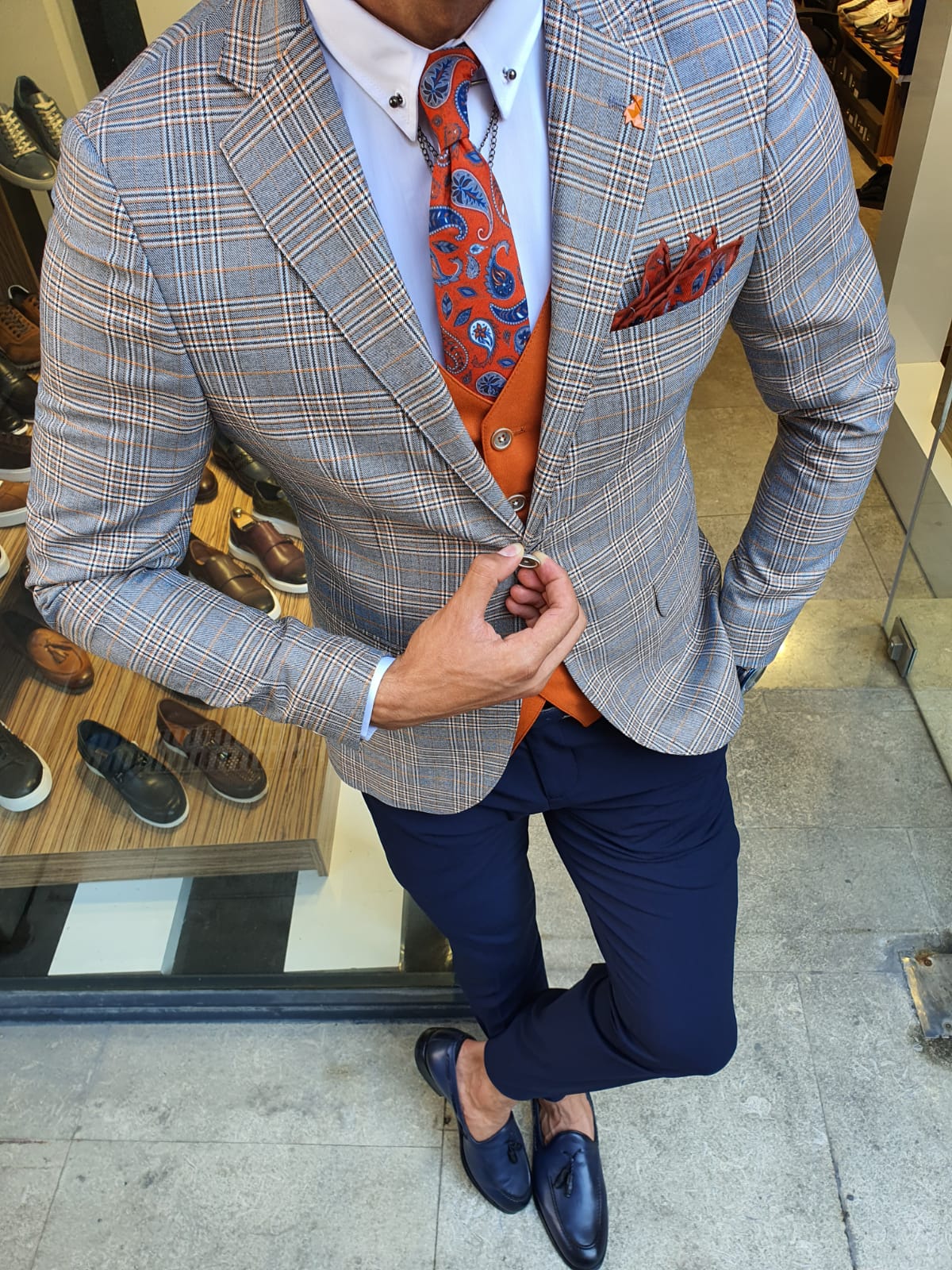 Aysoti Reno Orange Slim Fit Plaid Suit
