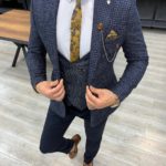 Aysoti Salem Navy Blue Slim Fit Plaid Check Suit