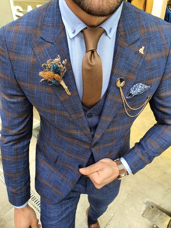 Aysoti Grove Indigo Slim Fit Plaid Patterned Suit
