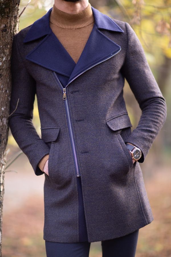 Aysoti Twink Navy Blue Zipper Wool Coat