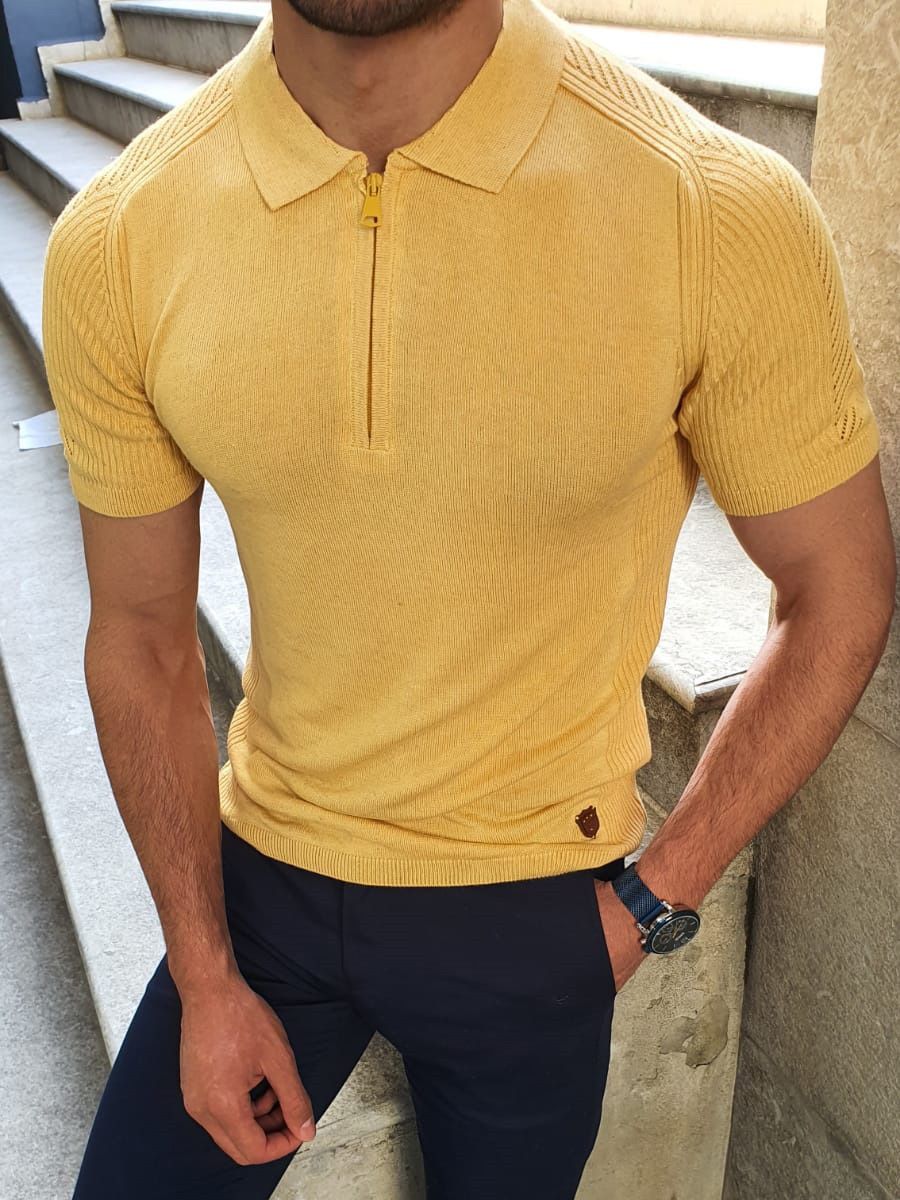Aysoti Yellow Slim Fit Collar Stripe Neck Zipper Knitwear T-Shirt
