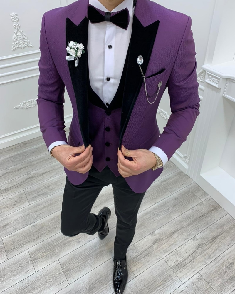 Aysoti Cardinal Purple Slim Fit Velvet Peak Lapel Tuxedo