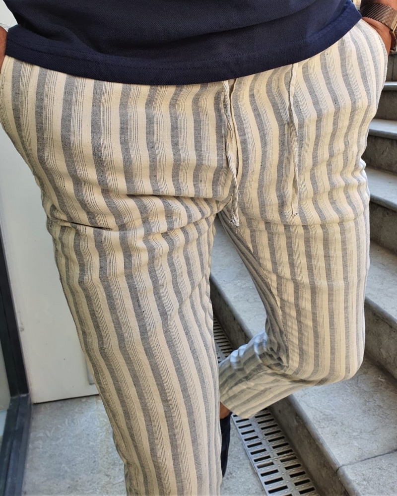 Aysoti Newark Navy Blue Slim Fit Laced Striped Linen Pants