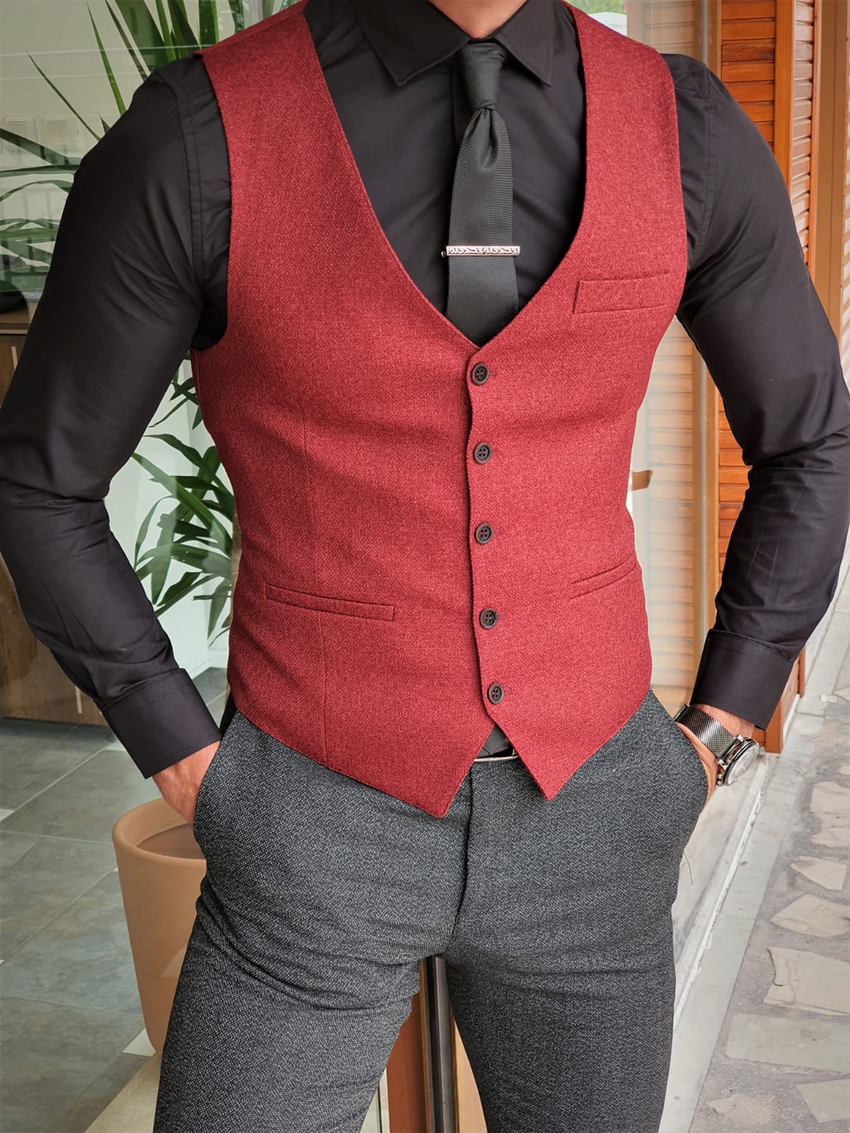 Aysoti Soffran Claret Red Slim Fit Vest
