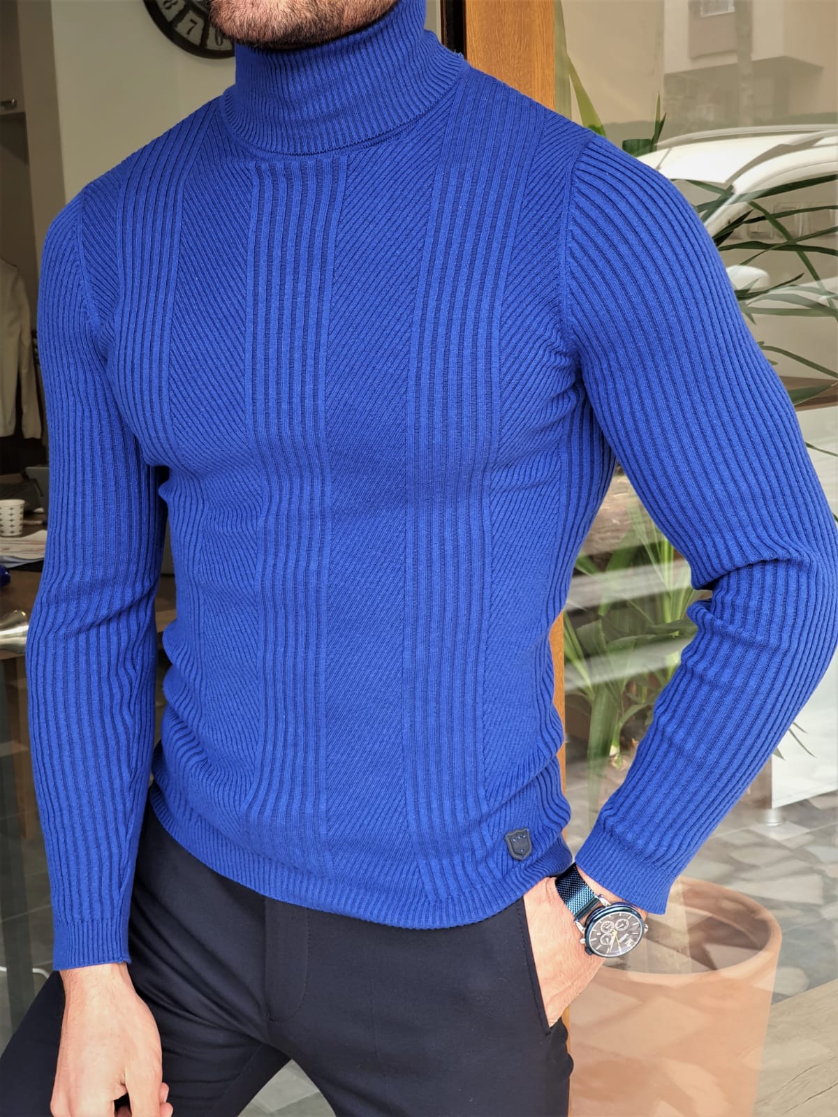 Aysoti Warren Sax Slim Fit Striped Turtleneck Wool Sweater