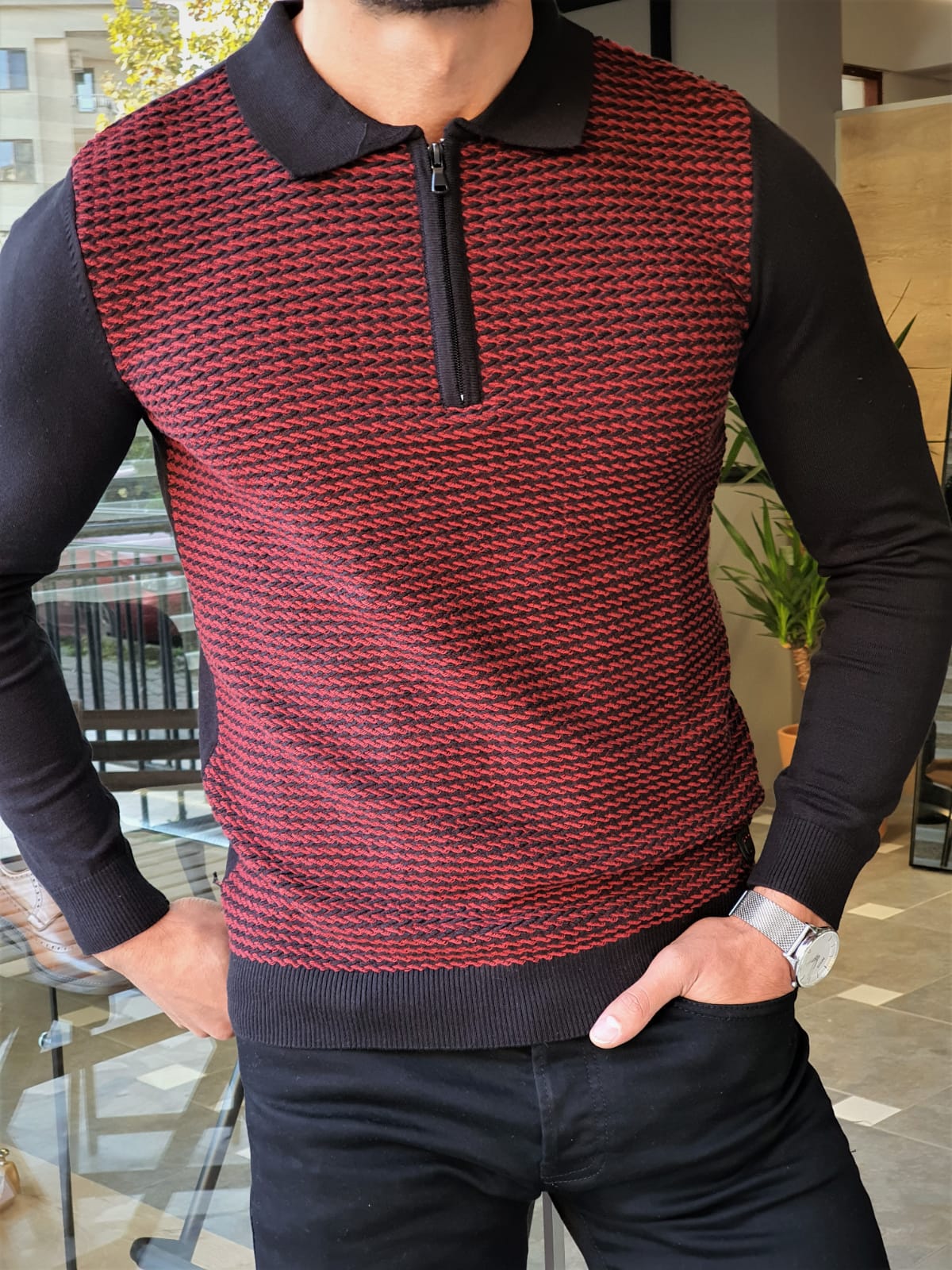 Aysoti Franklin Claret Red Slim Fit Zipper Collar Sweater