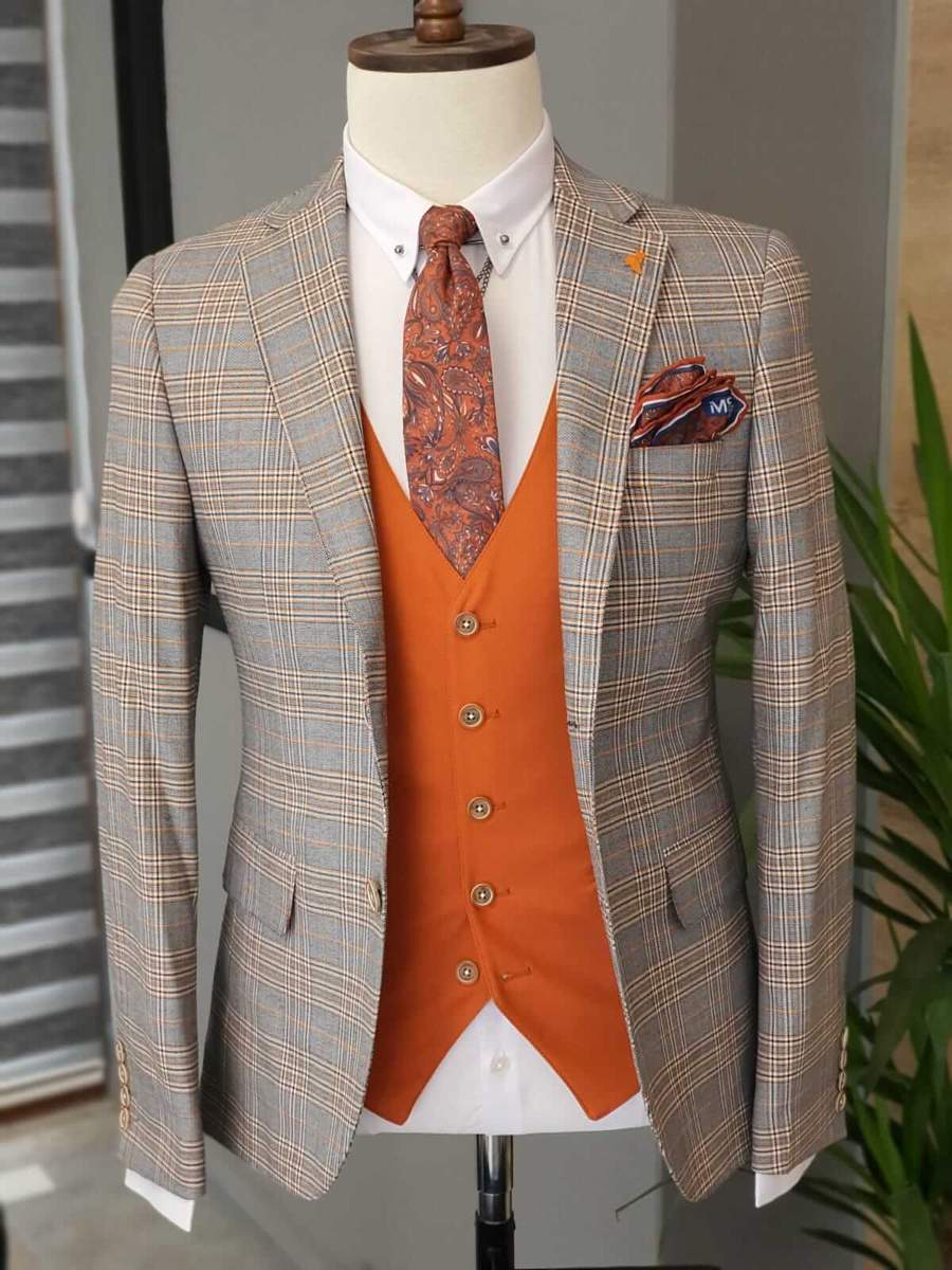 Aysoti Becksbourne Orange Slim Fit Plaid Suit