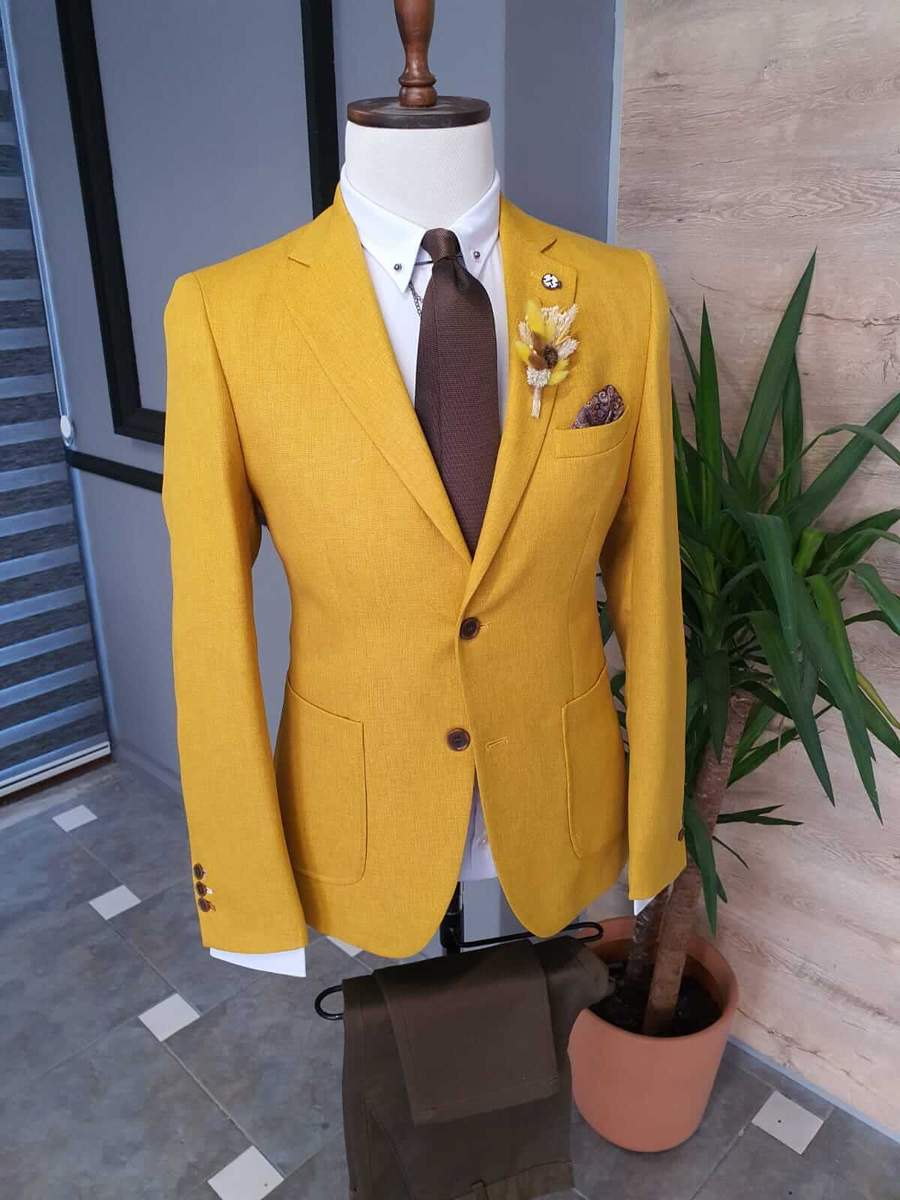 Aysoti Becksbourne Yellow Slim Fit Cotton Suit