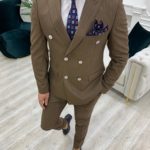 Aysoti Novak Brown Slim Fit Double Breasted Pinstripe Suit