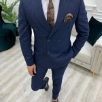 Aysoti Novak Navy Blue Slim Fit Double Breasted Pinstripe Suit