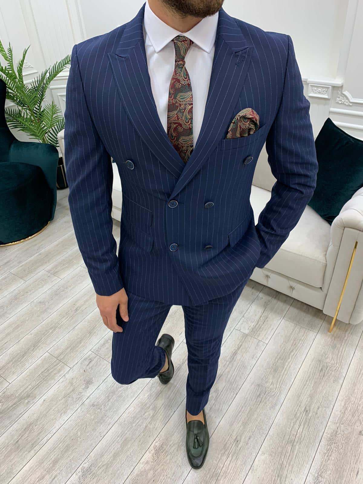 Aysoti Novak Navy Blue Slim Fit Double Breasted Pinstripe Suit