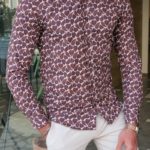 Aysoti Walter Brown Slim Fit Leaves Pattern Long Sleeve Cotton Shirt