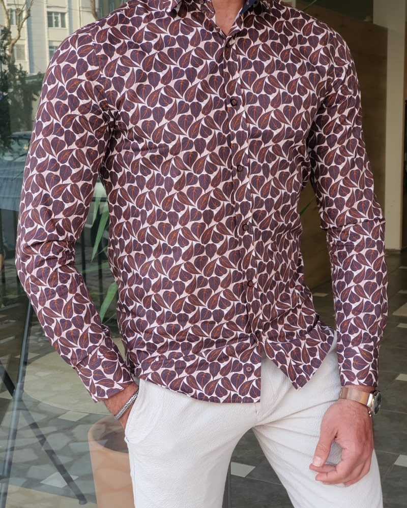 Aysoti Walter Brown Slim Fit Leaves Pattern Long Sleeve Cotton Shirt