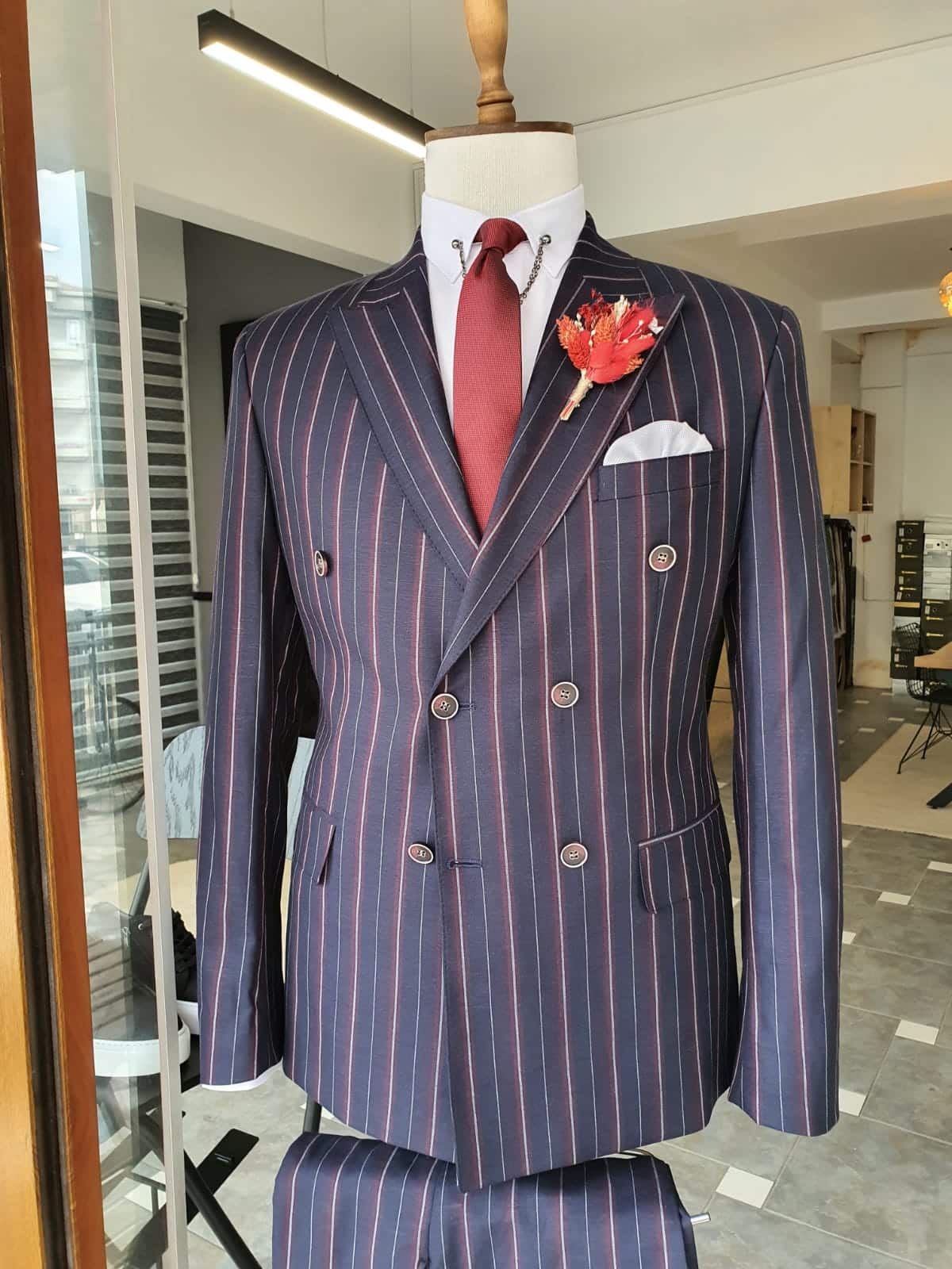 Slim Fit Double Breasted Pinstripe Suit
