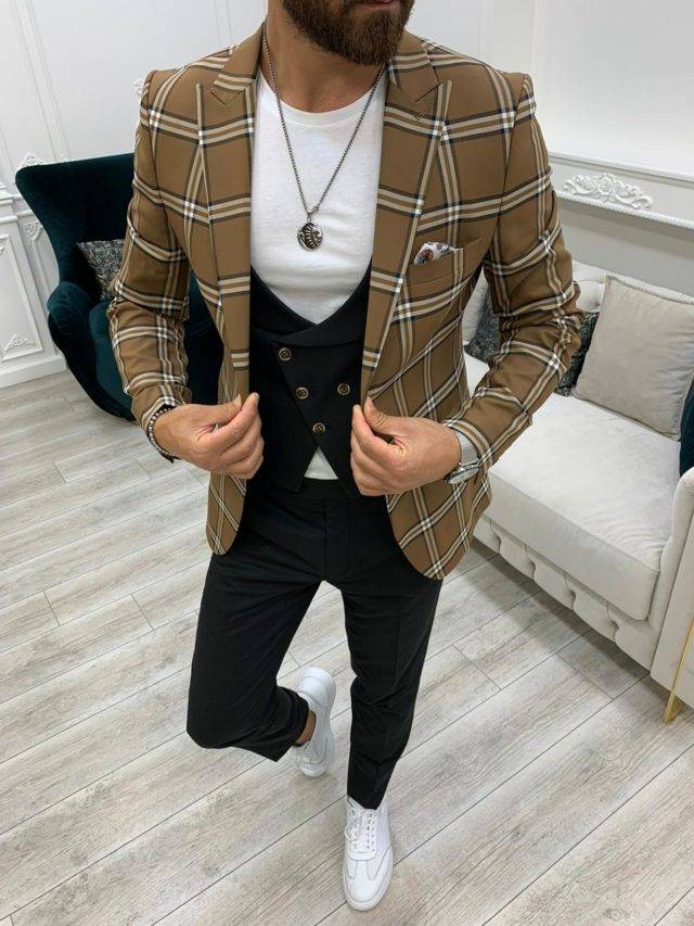 Aysoti Kauzicm Brown Slim Fit Peak Lapel Plaid Suit - Aysotiman
