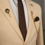 Beige Slim Fit Notch Lapel Cotton Suit