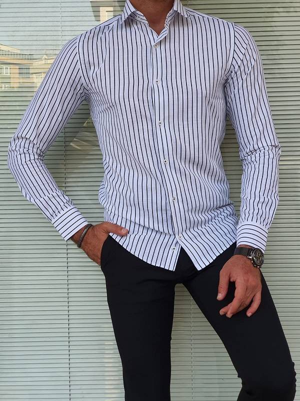 Black Slim Fit Long Sleeve Striped Cotton Shirt