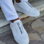 White Mid-Top Zipper Sneakers