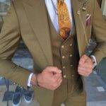 Khaki Slim Fit Peak Lapel Wool Suit