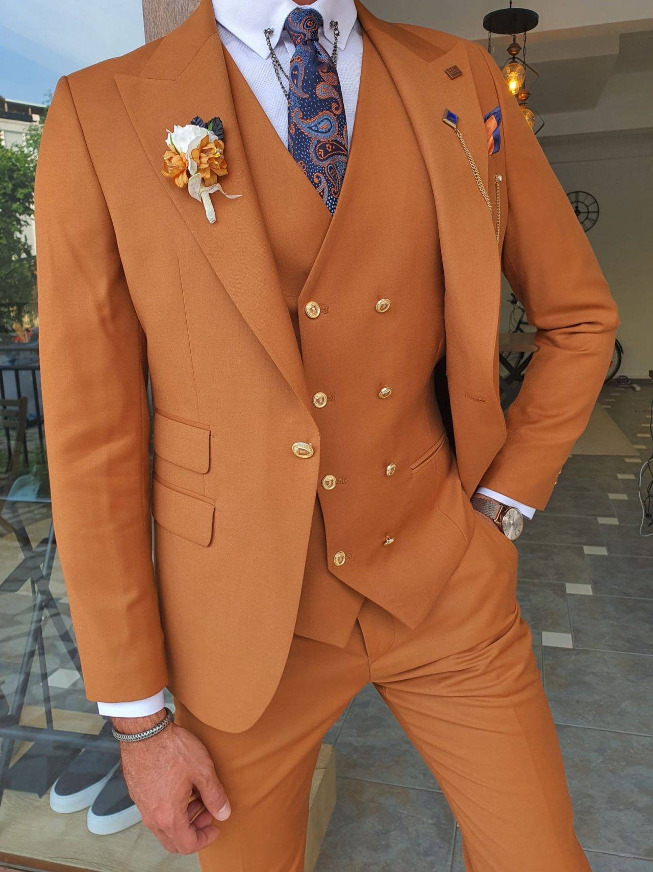 Tile Brown Slim Fit Peak Lapel Wool Suit