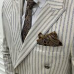 Beige Slim Fit Peak Lapel Double Breasted Striped Suit