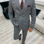 Gray Slim Fit Peak Lapel Double Breasted Striped Suit