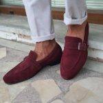 Burgundy Suede Buckle Loafers
