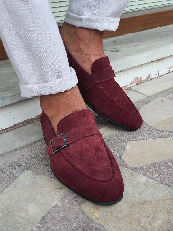 Burgundy Suede Buckle Loafers