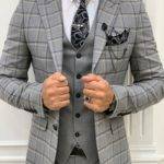 Dark Gray Slim Fit Peak Lapel Plaid Suit