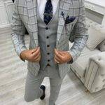 Gray Slim Fit Peak Lapel Plaid Suit