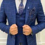 Indigo Slim Fit Peak Lapel Plaid Suit