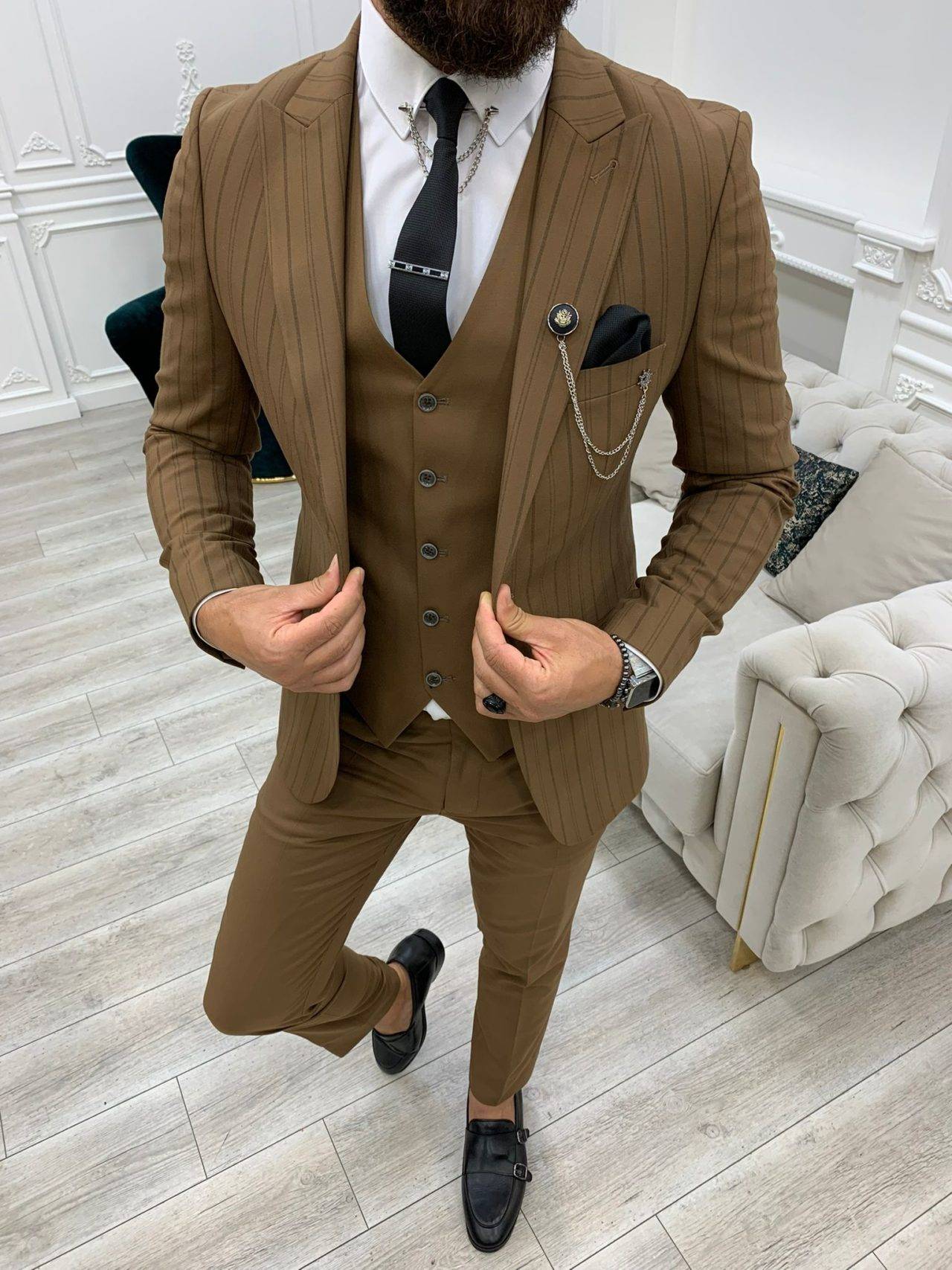 Brown Slim Fit Peak Lapel Striped Suit