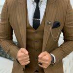 Brown Slim Fit Peak Lapel Striped Suit