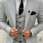 Light Gray Slim Fit Peak Lapel Striped Suit