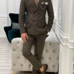 Brown Slim Fit Double Breasted Plaid Suit